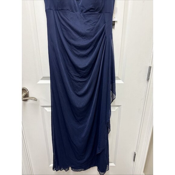 XSCAPE Size 16 Navy Metallic Lace Sleeve Chiffon Ruffled Cascade Gown Dress New - Picture 7 of 12